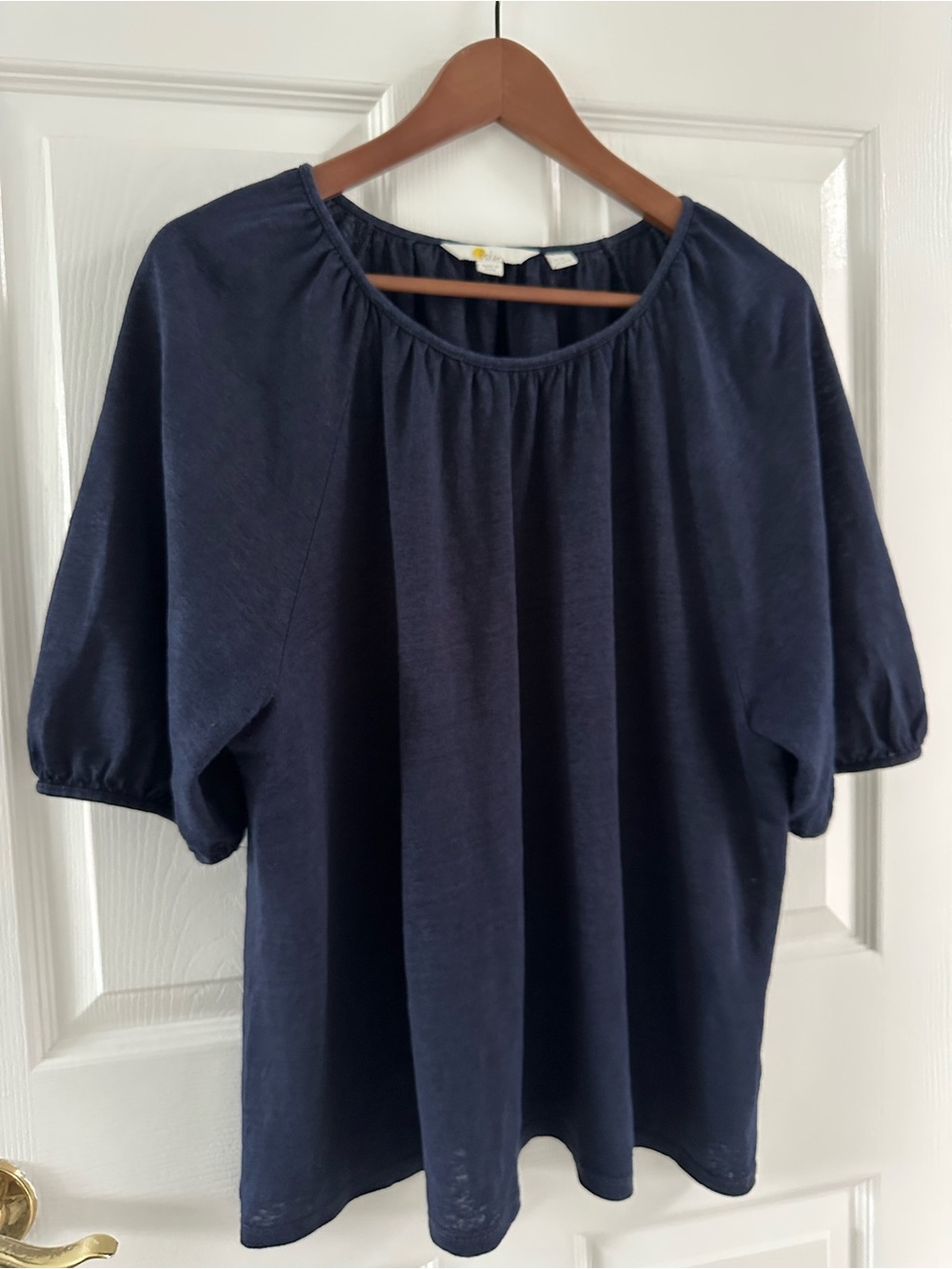 Boden 100% Linen Puff Sleeve Top Blouse Size US 16 / 18 Navy Blue Tee